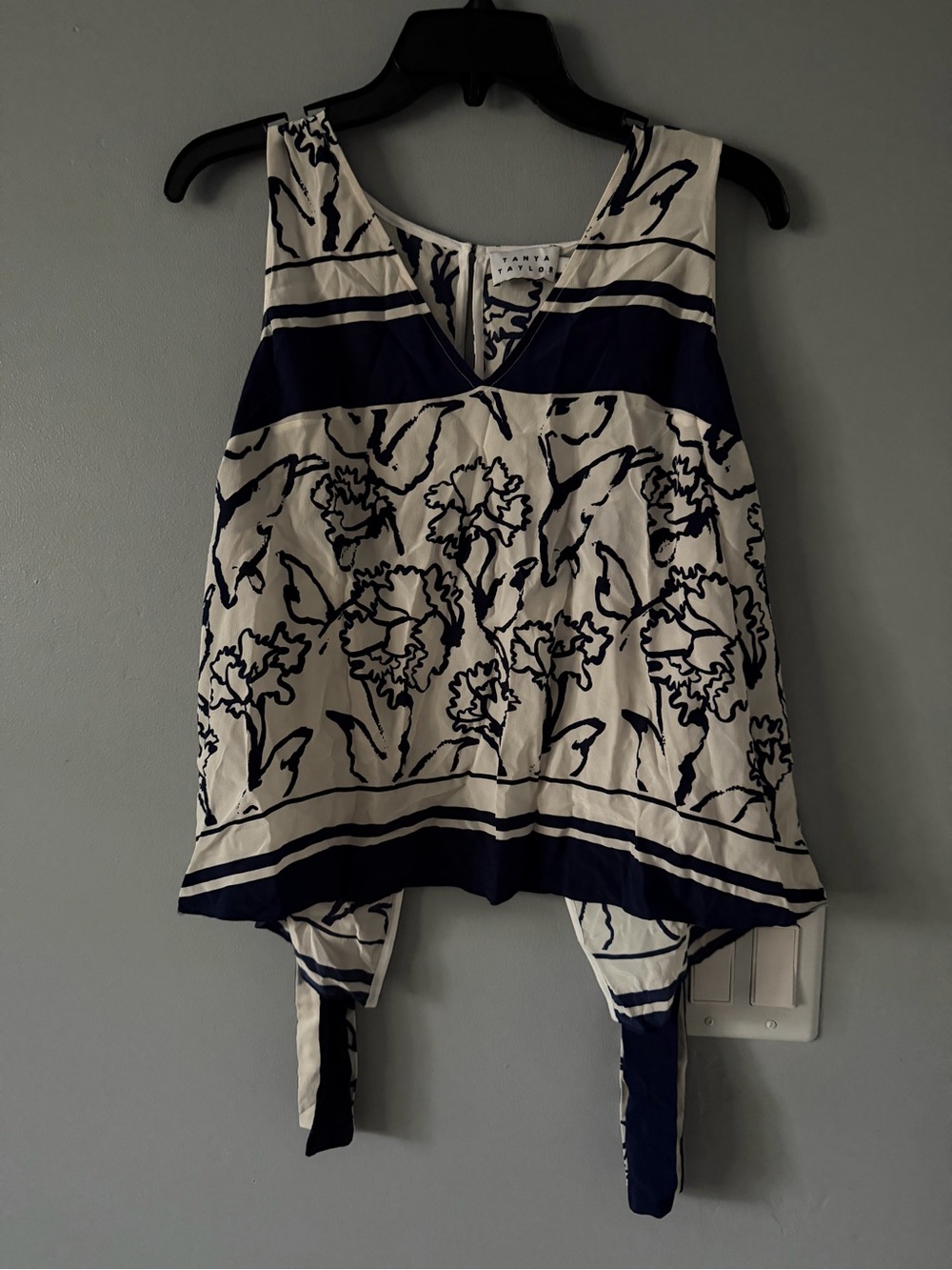 Tanya Taylor Navy and White Floral Tie-Back Sleeveless Top